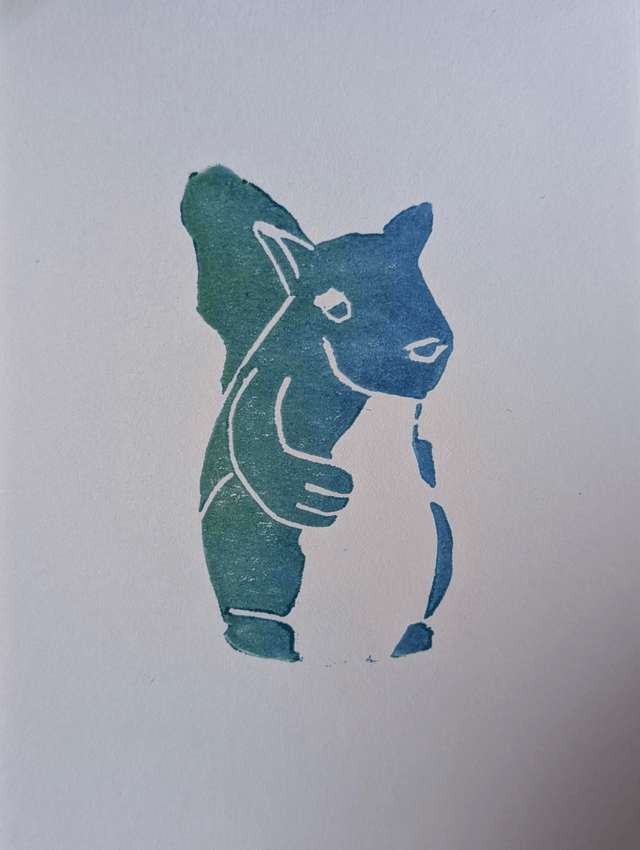 Lino print of Doug