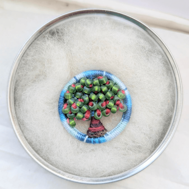 Dorset Button Tree Brooch Green Beaded 
