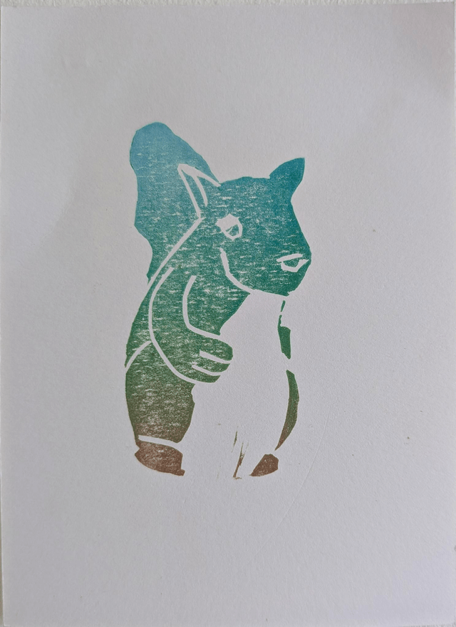 Lino print of Doug