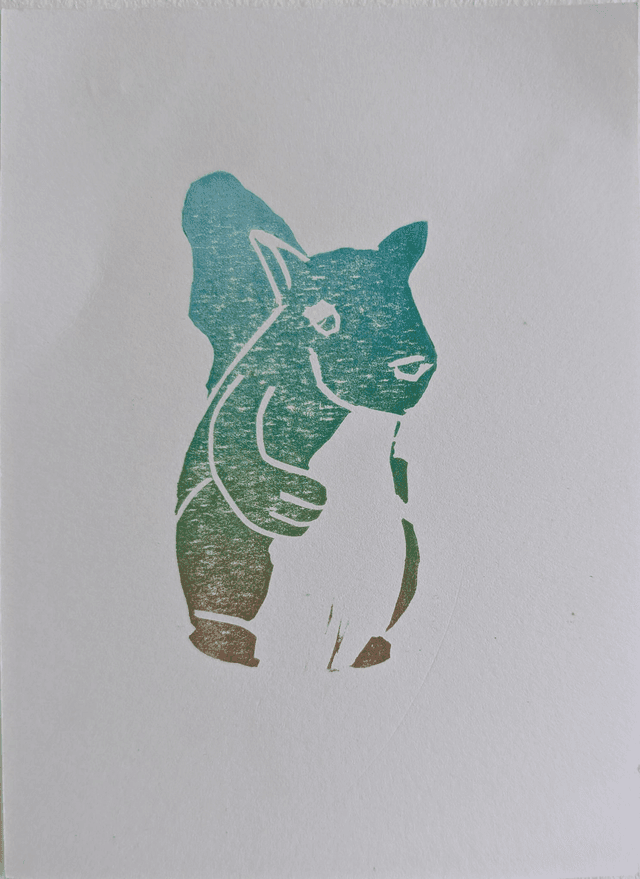 Lino print of Doug